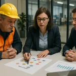 HR консултант обсъжда с управленски екип план за работната сила и развитие на уменията.
